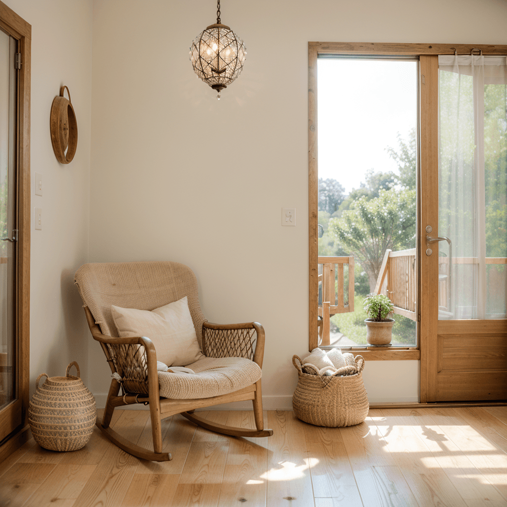 AI generated: Create an image of a cozy interior space with muted beige tones. Include a rustic wooden French door...