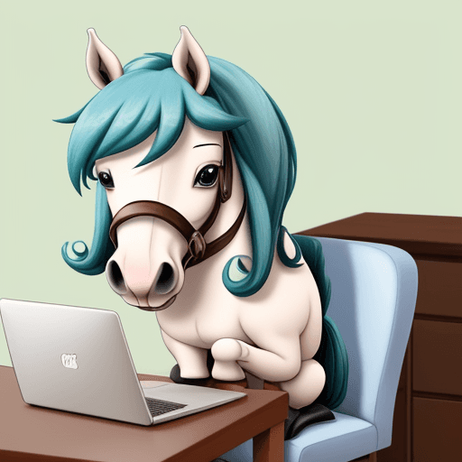 AI generated: a cute horse with innocent wyes ,cartoon like character ,make it cute ,holding laptop and sitting on...