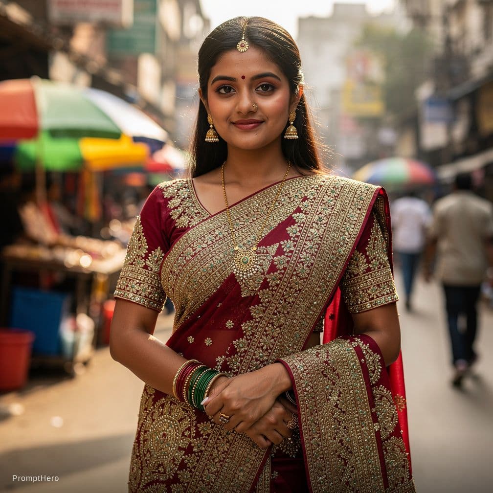 AI generated: indian girl with skin, and masive boobs,on street with traditional indian costume, and one boobs is ...