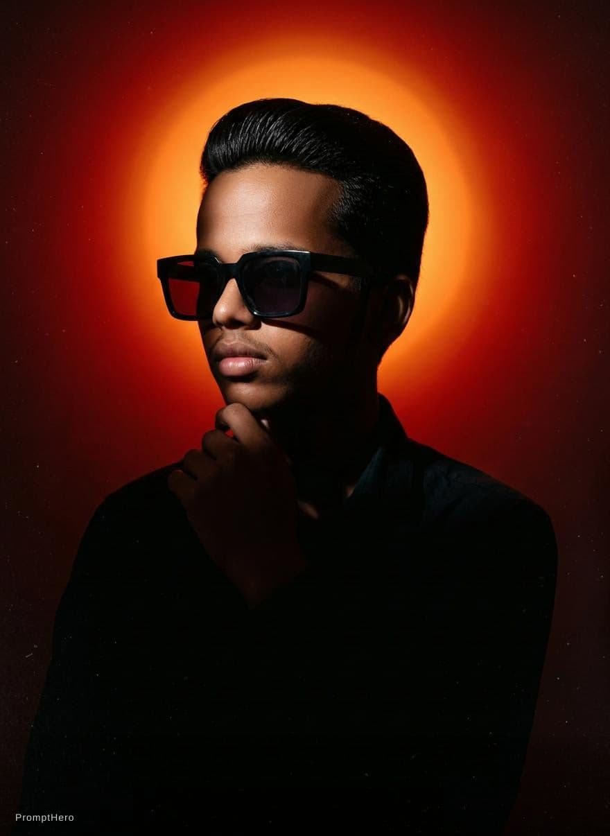 AI generated: A person with slicked-back dark hair wearing oversized square sunglasses is shown in a dramatic, cin...