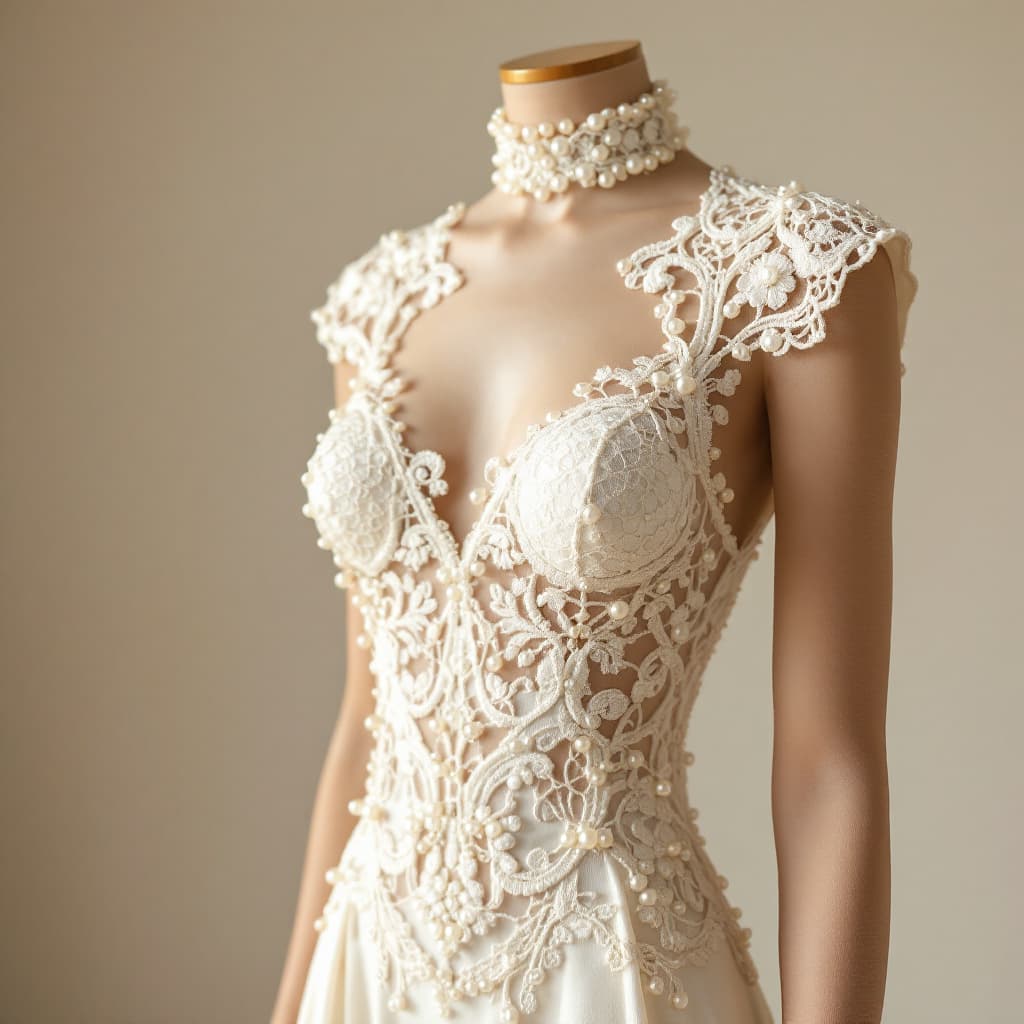 AI generated: "A glamorous crochet dress adorned with delicate pearls, combining elegance and sophistication. The ...