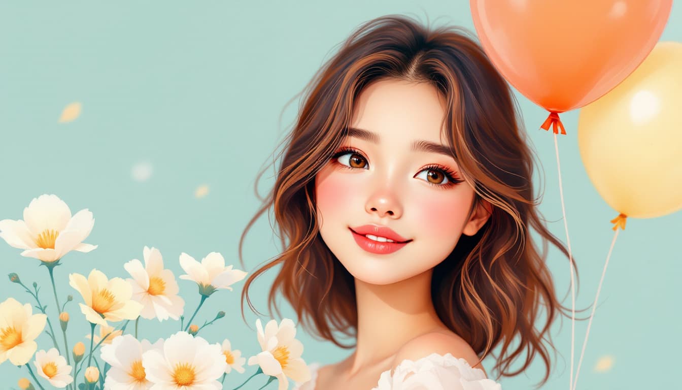 AI generated: Flat illustration, line art, Disney style, A lovable and charming girl holding style balloon bouquet...