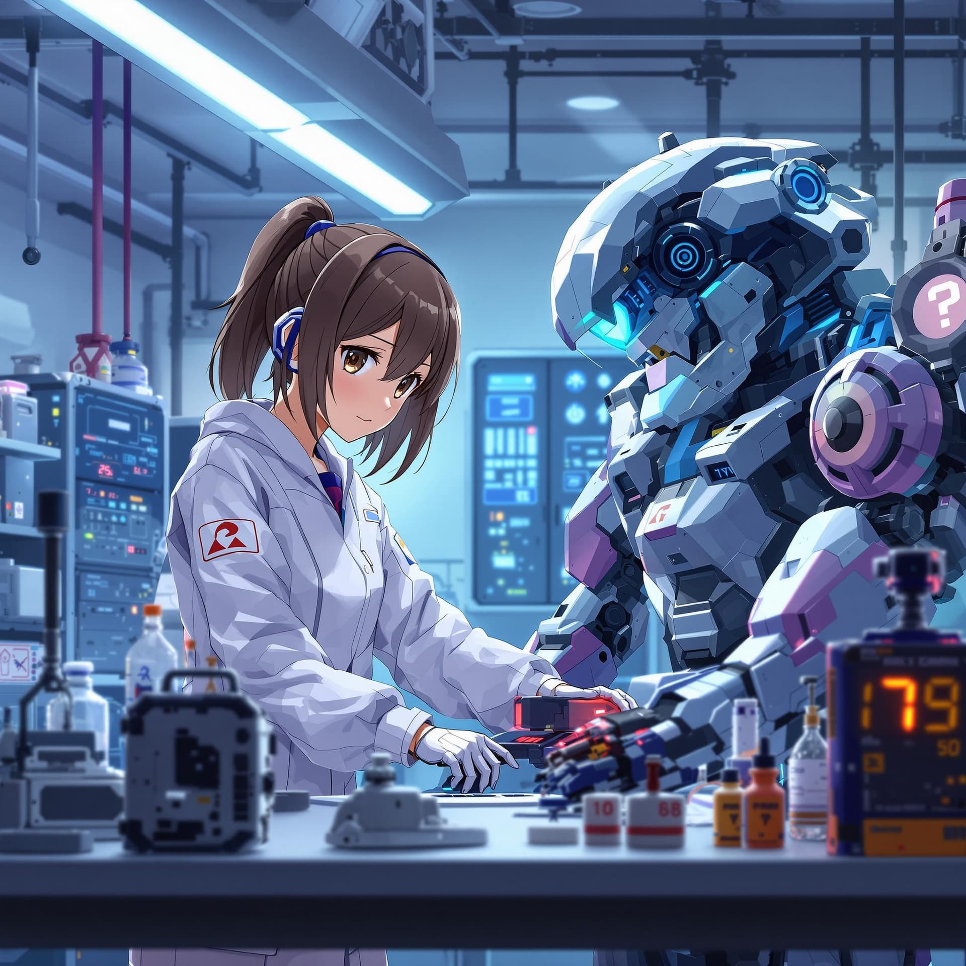 AI generated: An anime girl building robots in a high-tech lab.