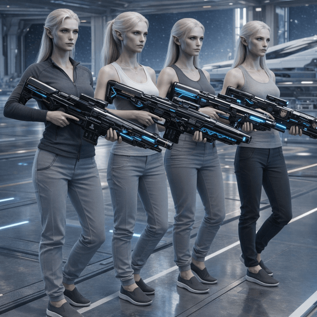 AI generated: Create an image where all the charactes are  holding the reference weapons in a formation. Change ba...