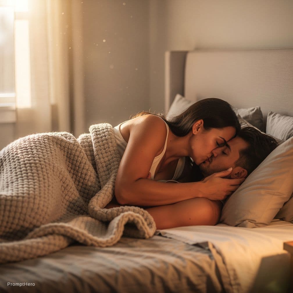 AI generated: Kissing each other hot in bed