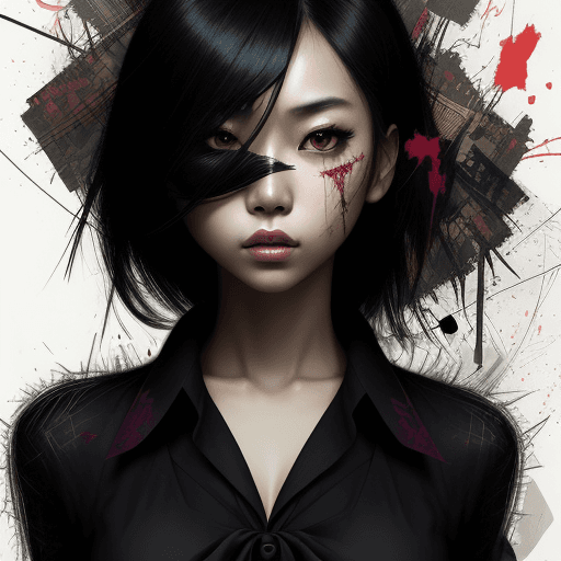 AI generated: aesthetic, Asian girl, sensual, sultry, dark blouse, expressive pose,  abstract texture multilayer b...