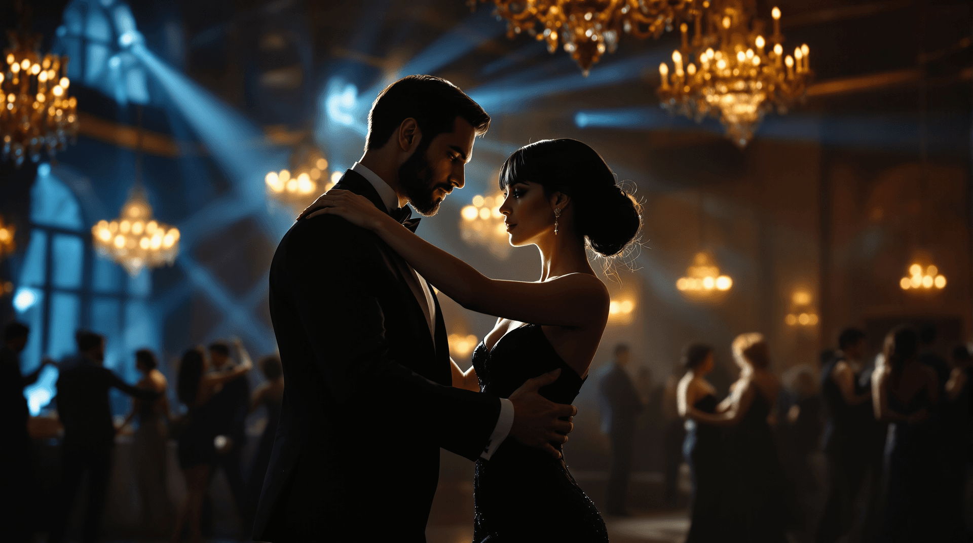 AI generated: Elegant couple waltzing in a luxurious ballroom. Man matches earlier scene: dark hair, well-groomed ...