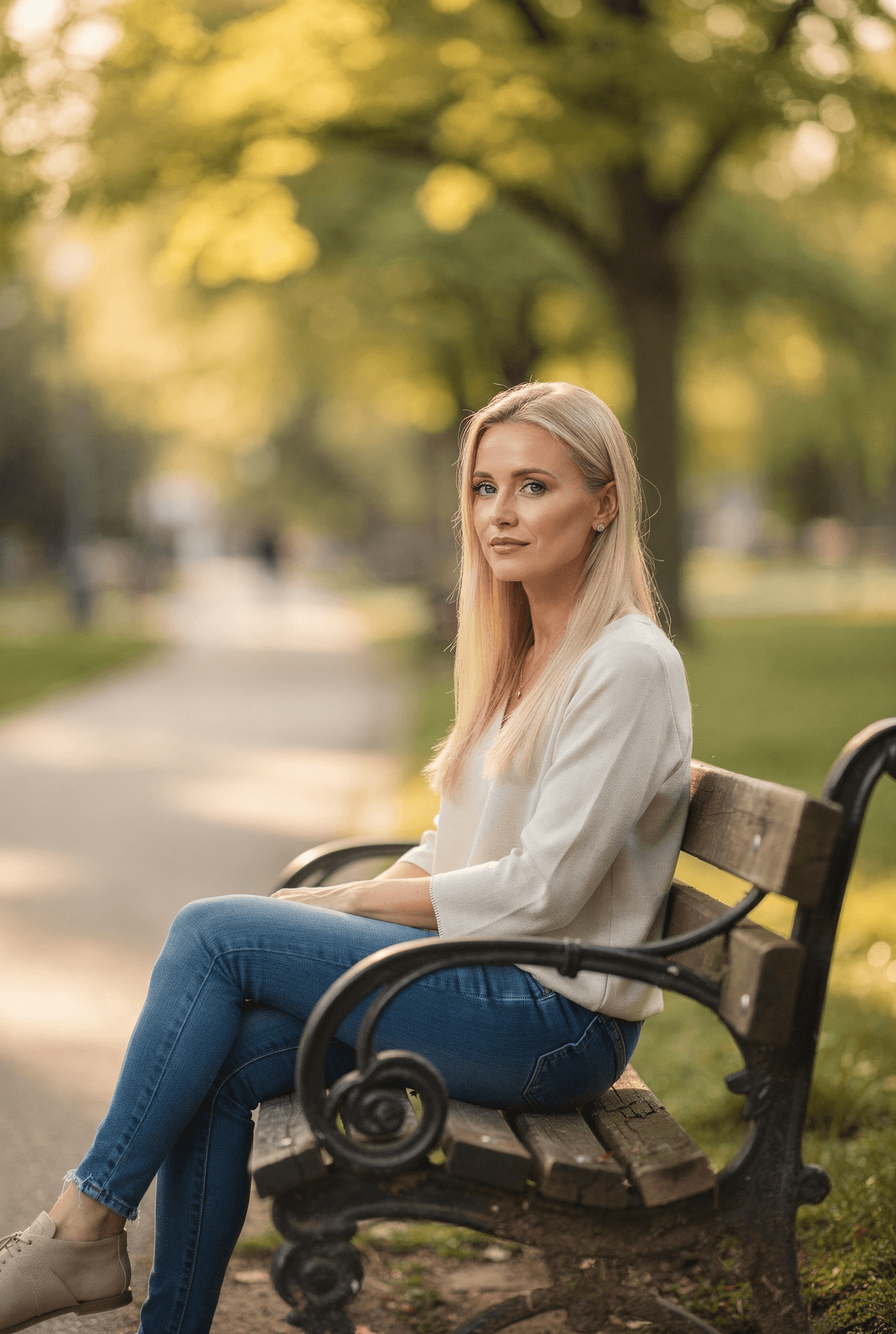 AI generated: Please ensure Agnetha Faltskog sits on a park bench in jeans and top.