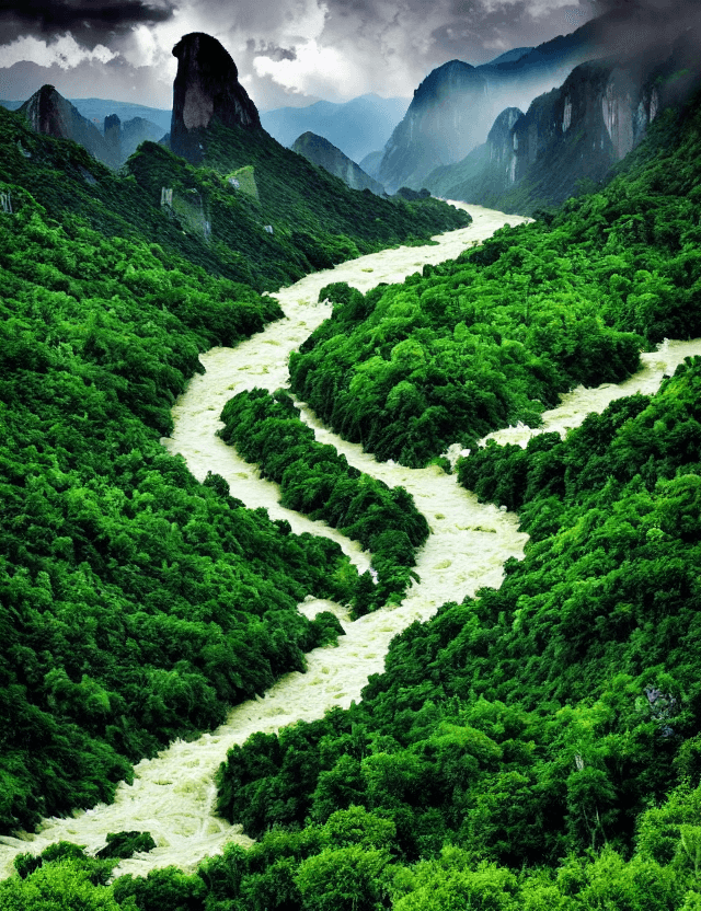 AI generated: where rivers surge and flow, mountains stand majestic and steep, ancient stones bear the weight of h...