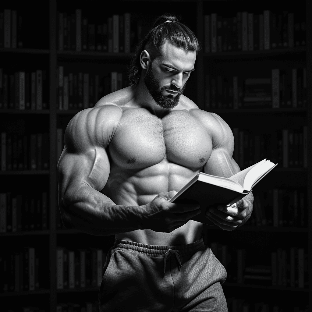 AI generated: Un homme musclé, torse nu, se tient debout dans une bibliothèque moderne et sombre, éclairée par une...
