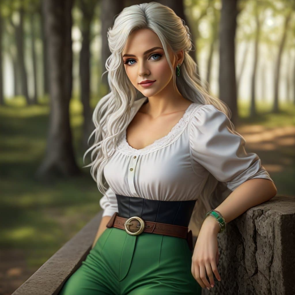 AI generated: georgeous female dressed like Princess Ciri from Witcher 3 game, long white hair, bright green eyes,...