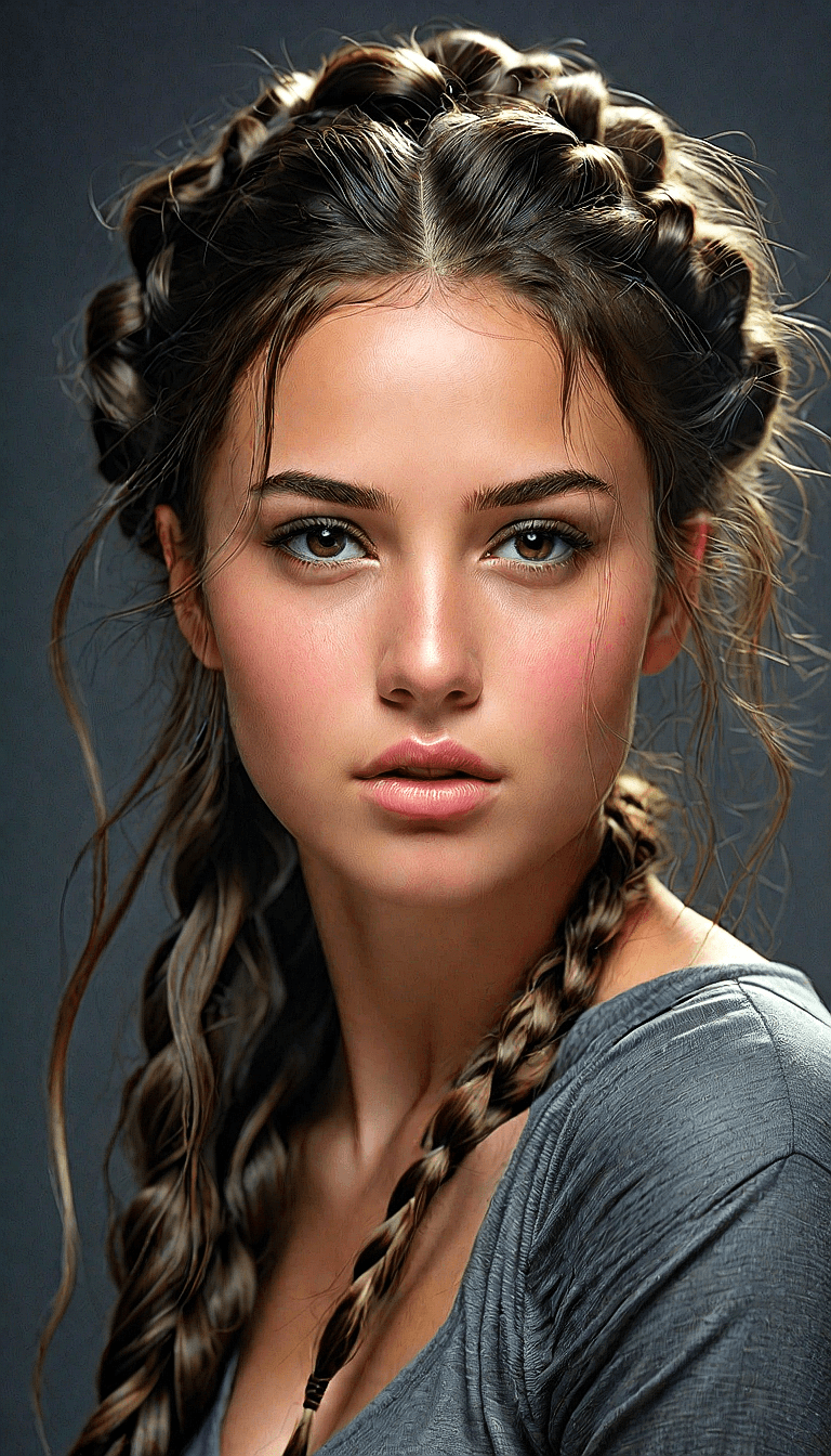 AI generated: A portrait of a young woman with a complex braided hairstyle. Her dark hair should feature a braid b...