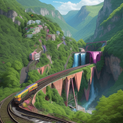 AI generated: Create a vibrant and surreal image where the scene is set on a dramatic railway track that cuts thro...