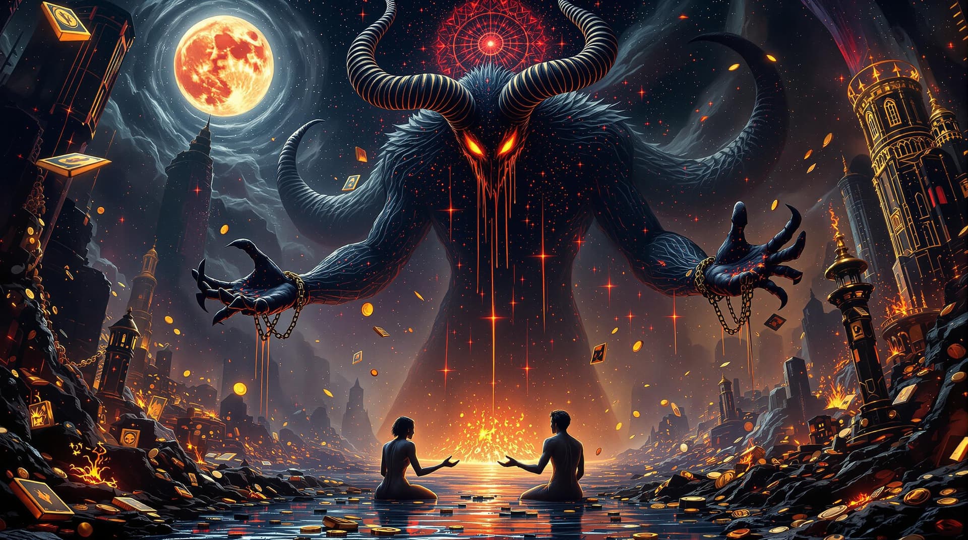 AI generated: A colossal, shadowy figure looms over a surreal, neon-lit underworld, its horns spiraling into infin...