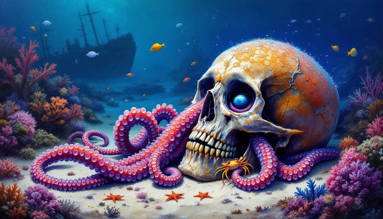 AI generated: Oil painting, realistic,  detailed, underwater, Octopus, hiding in a human skull, tentacle coming ou...