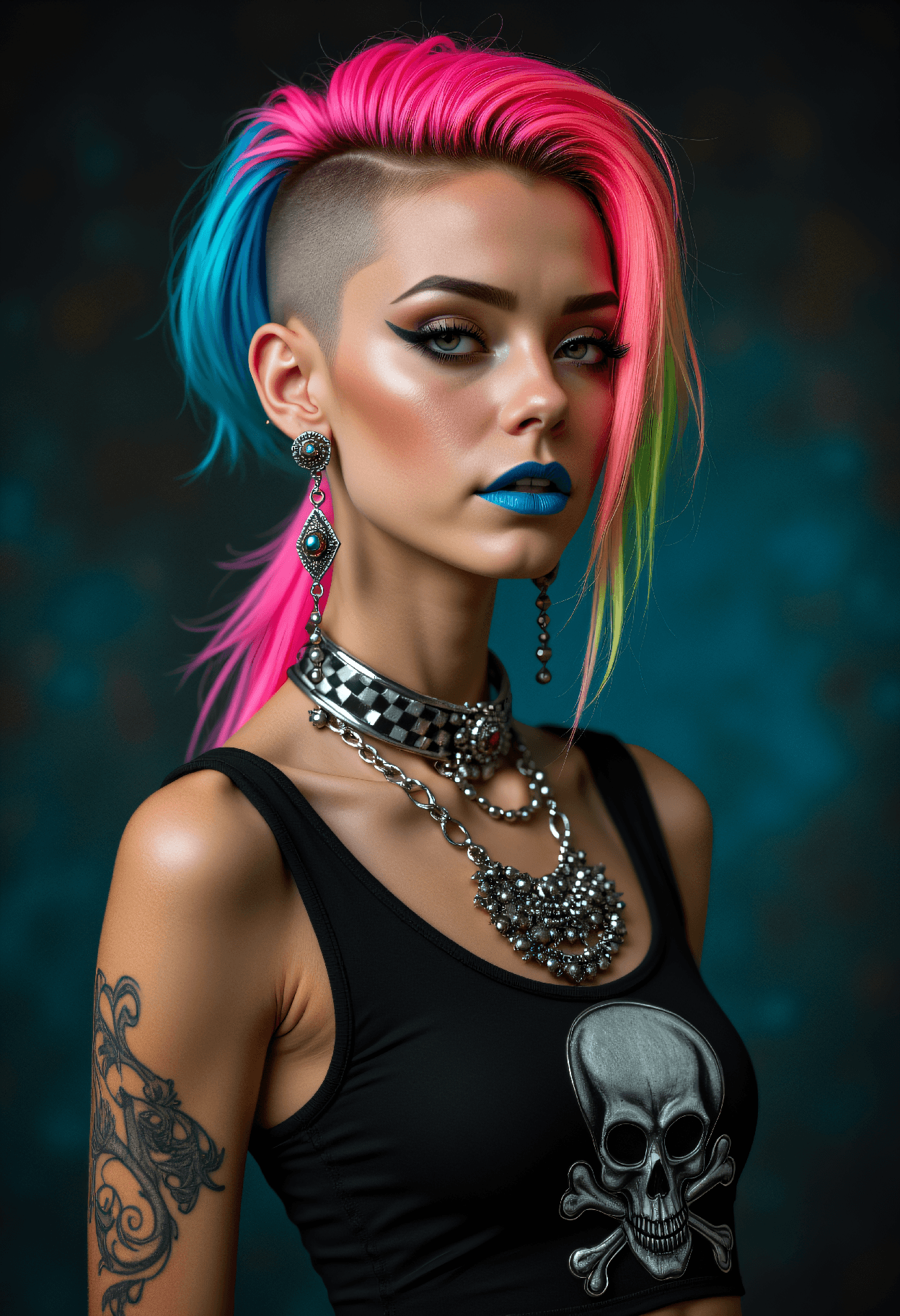 AI generated: half body photo of a 24 year old alternative fashion model, vibrant rainbow hair styled in an edgy u...