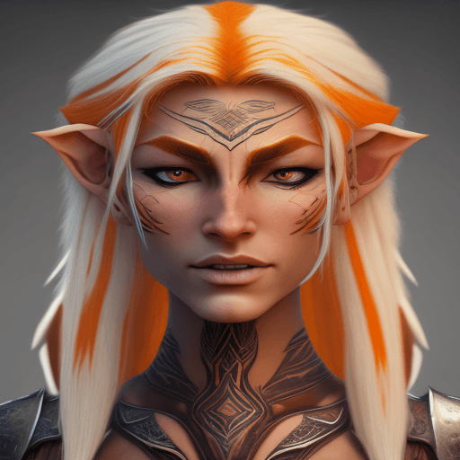 AI generated: elven warrior with orange-white streaked hair, tan skin, white tattoos. Accurate proportions, symmet...