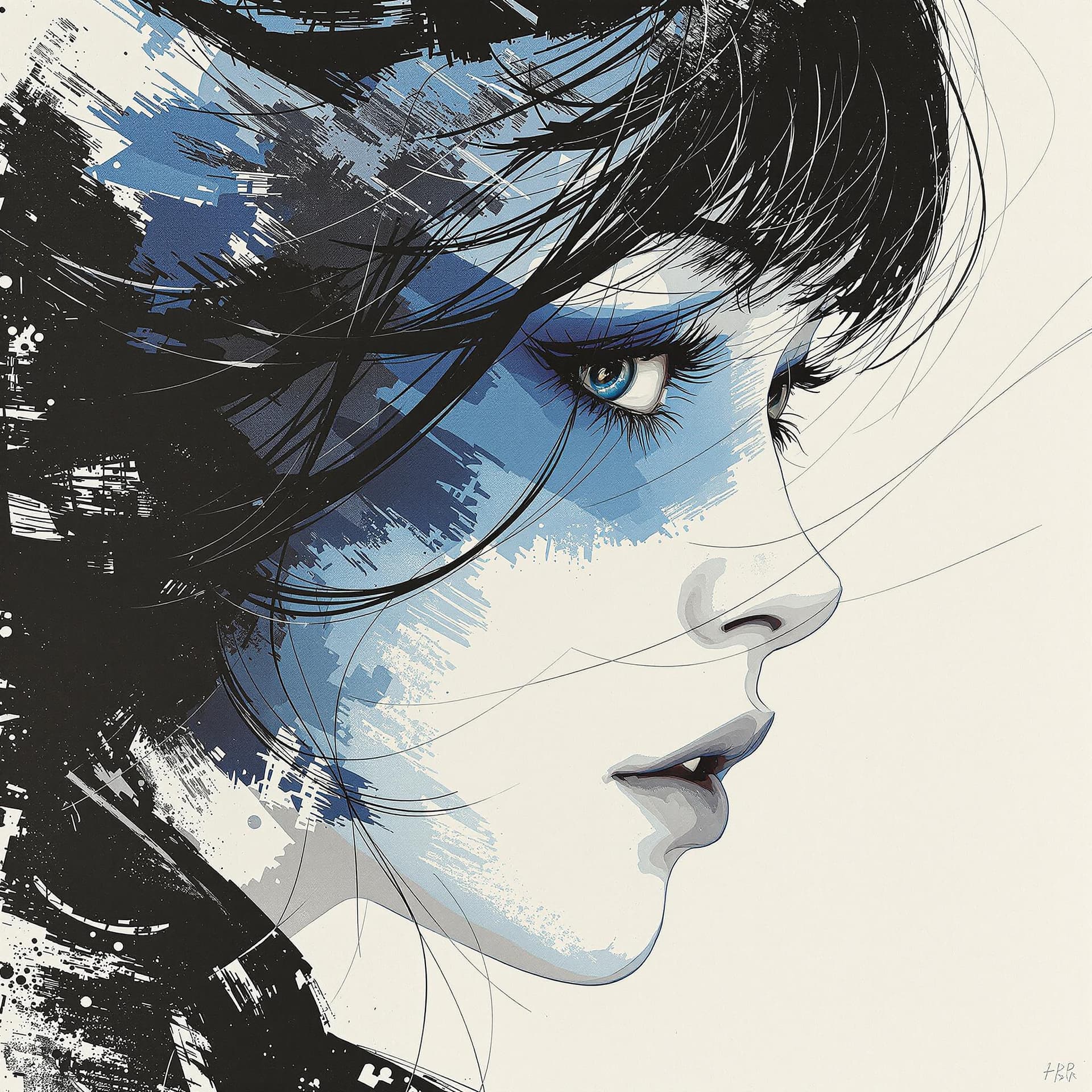 AI generated: movie poster, female character in black, white and blue, in the style of yoh nagao, light-focused --...