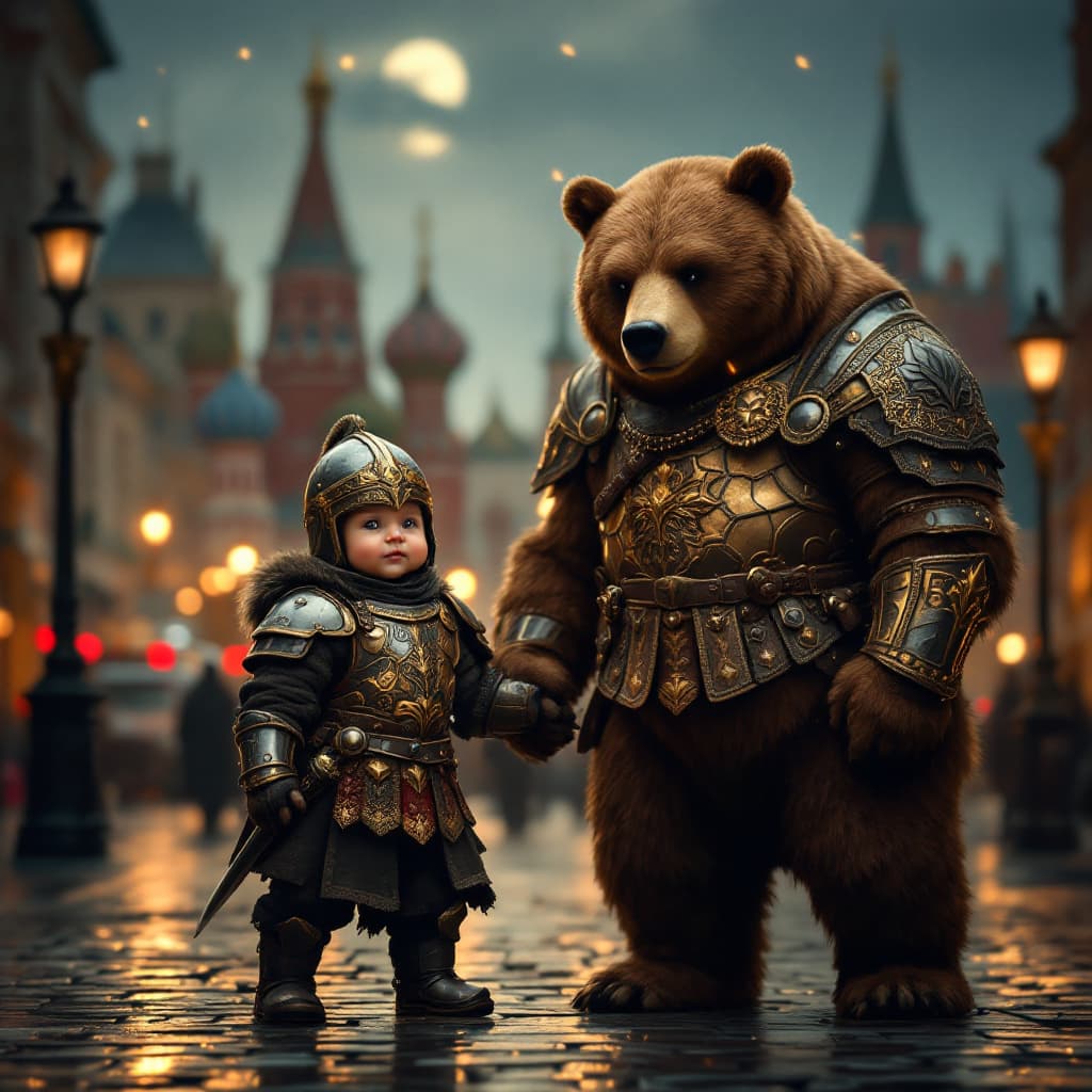 AI generated: A cute baby(1.3) standing on the street, baby dressed in armor with russia ornaments, braun bear wit...