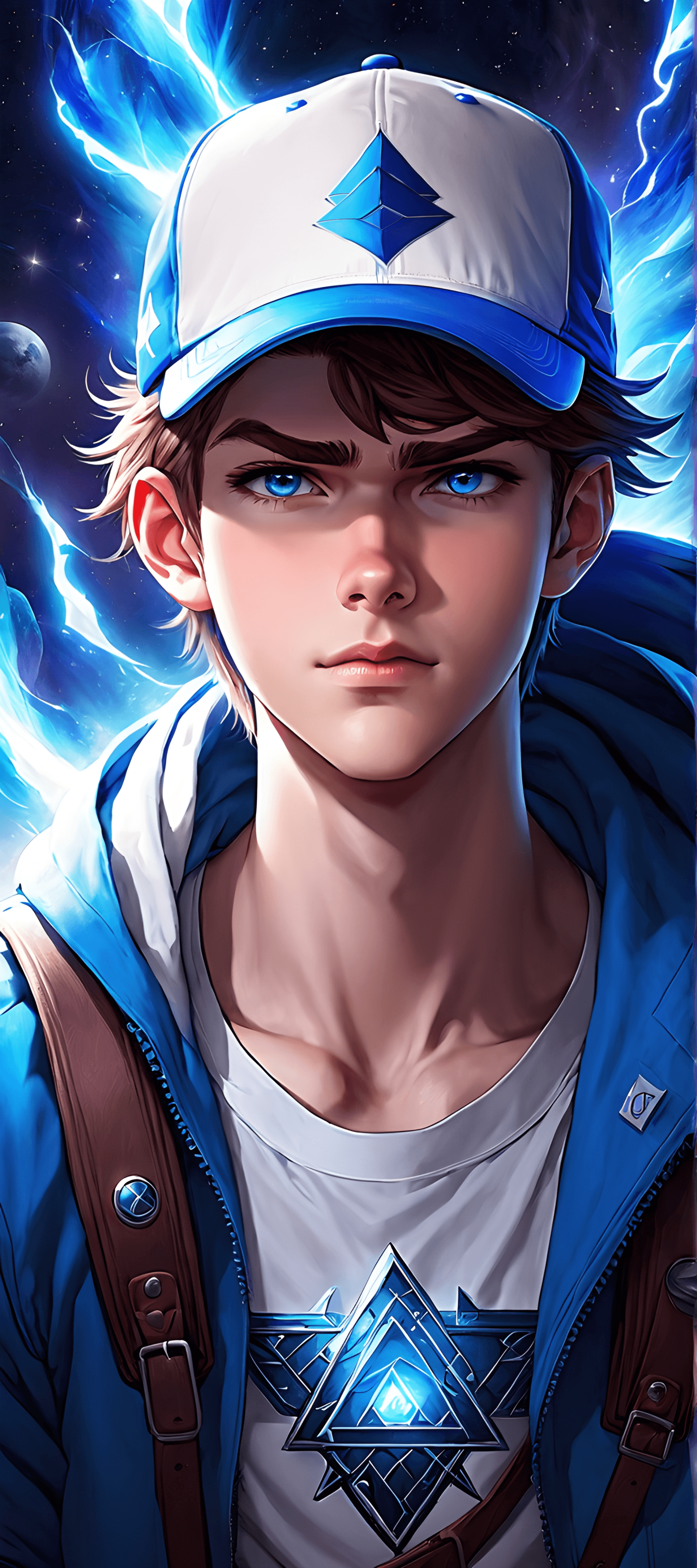 AI generated: Epic photoart of character from Gravity Falls, Mason "Dipper" Pines young man In his unique white bl...