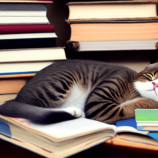 AI generated:  lazy cat , take nap , between her books 