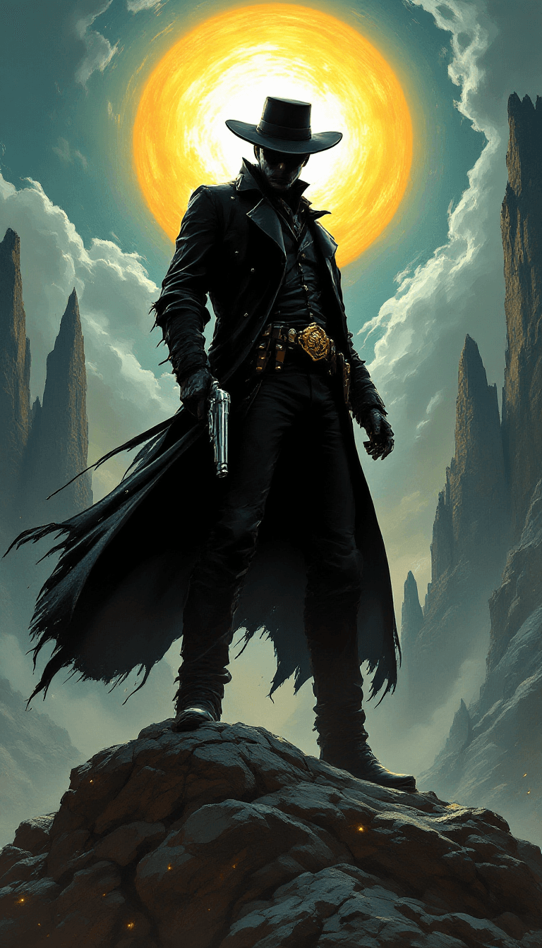 AI generated: A dynamic and heroic depiction of a dark gunslinger standing atop a rocky outcrop, framed by an inte...
