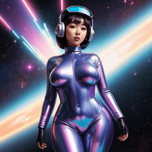 AI generated: asiatic tiny thicc, huge breast, tight suit,Space helm of the 1960s,and the anime series G Force of ...