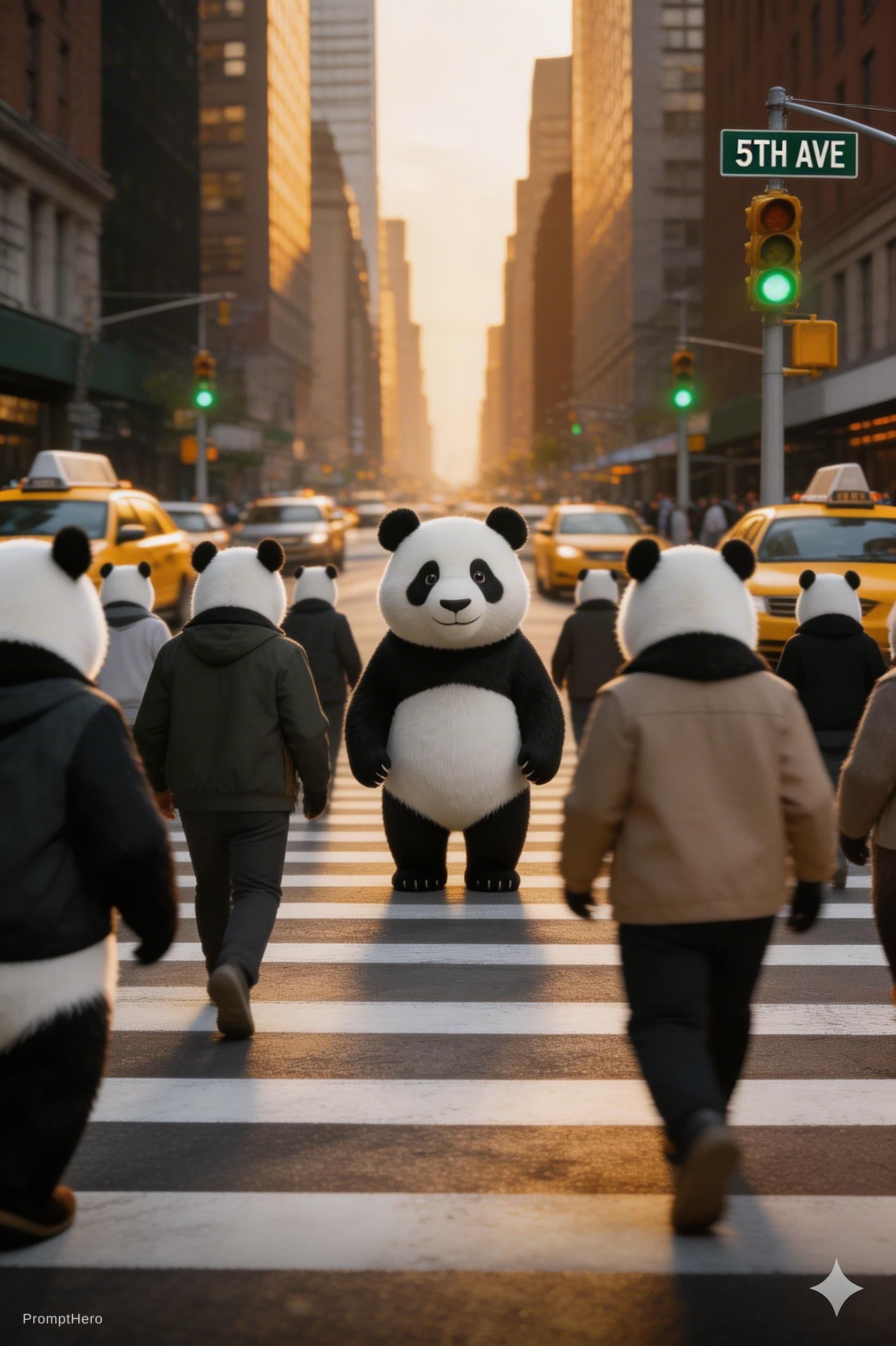 AI generated: cinematic street crossing inspired by a busy New York crosswalk, wide street filled with many anthro...