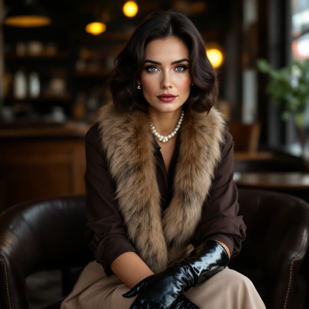 AI generated: 45 year old elegant, serious looking caucasian lady with dark hair in a bob, blue eyes. Wearing a da...