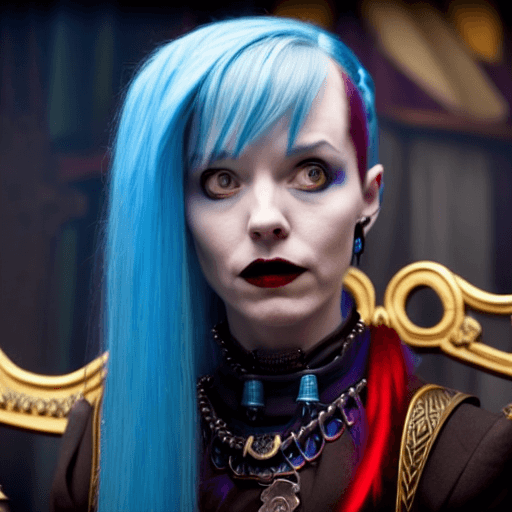 AI generated: still photo of a scene with Jinx from the Netflix show Arcane. With blue hair, Sitting on a throne, ...
