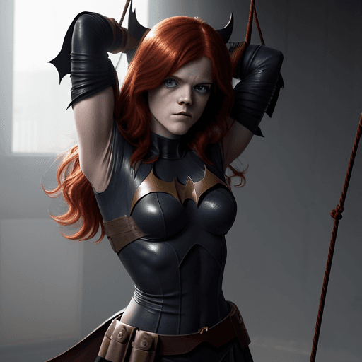 AI generated: Rose Leslie dressed as Batgirl, being held captive by ropes wrapped around her arms and body. 