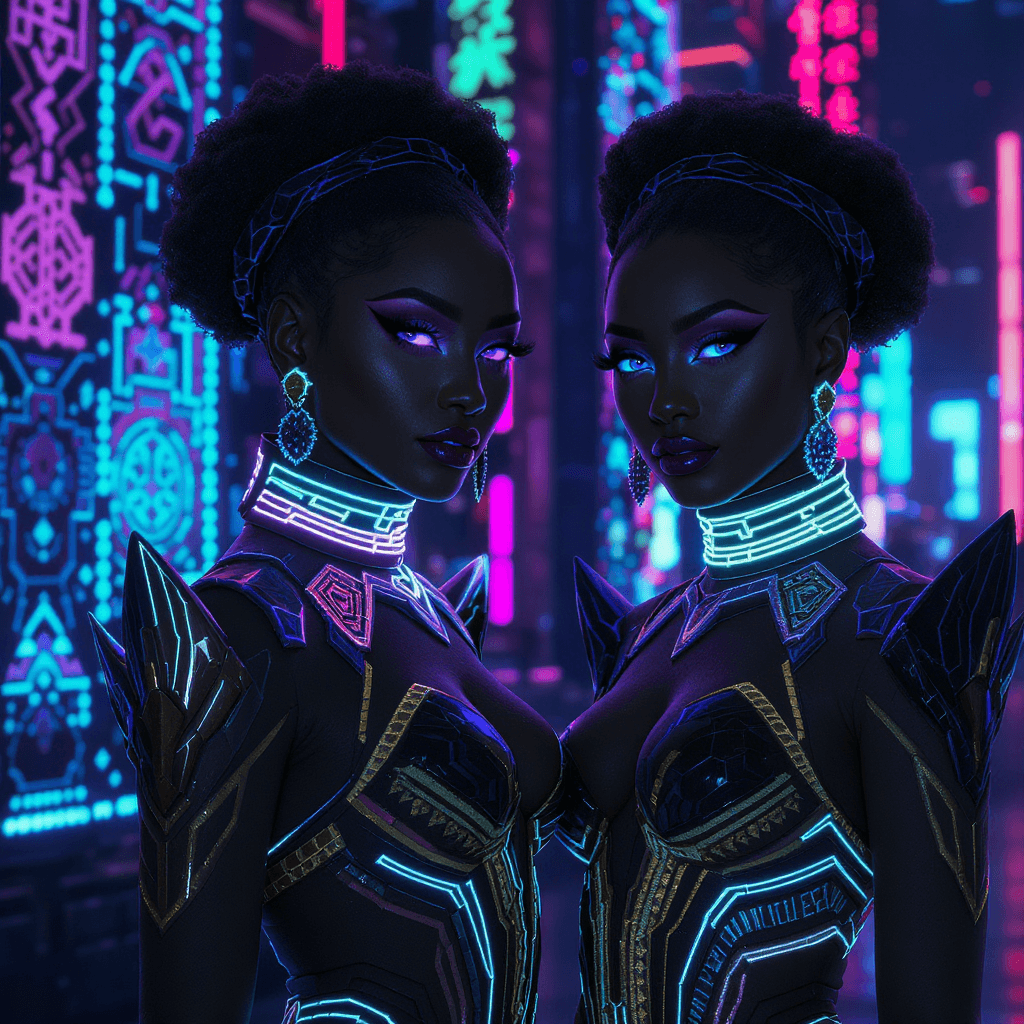 AI generated: 2 Twin Elite Afrofuturist warrior queens in a vibranium Adinkra jumpsuit with glowing obsidian-black...