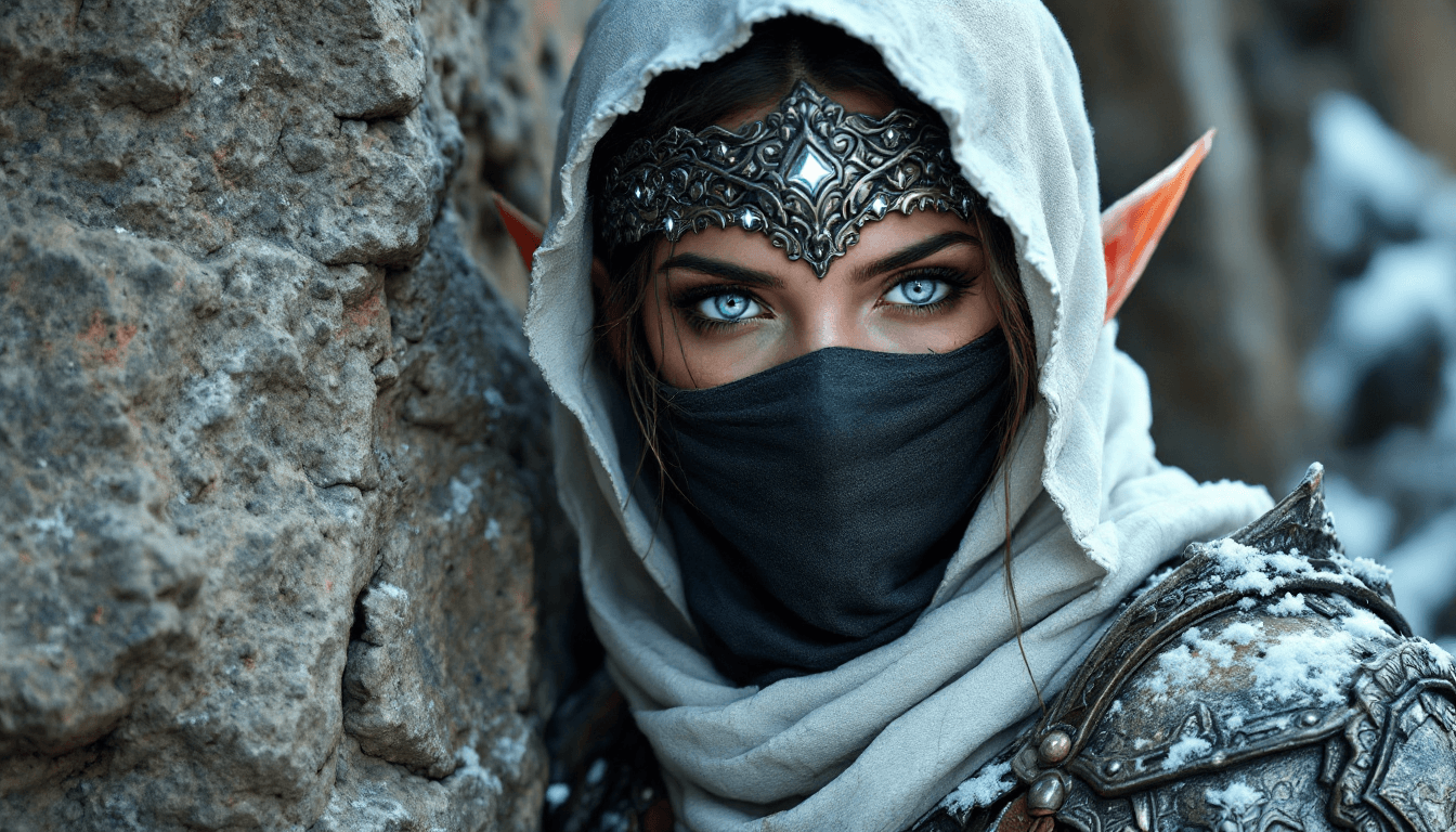 AI generated: female warrior, young adult, likely Middle Eastern, wearing intricate, dark-gray metal armor with br...