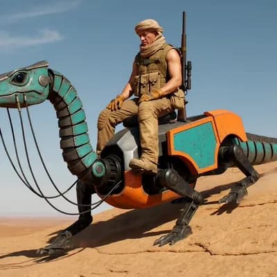 AI generated video: A lone desert scout riding a robotic reptile-like pack mount up a rocky slope under a wide open sky,...