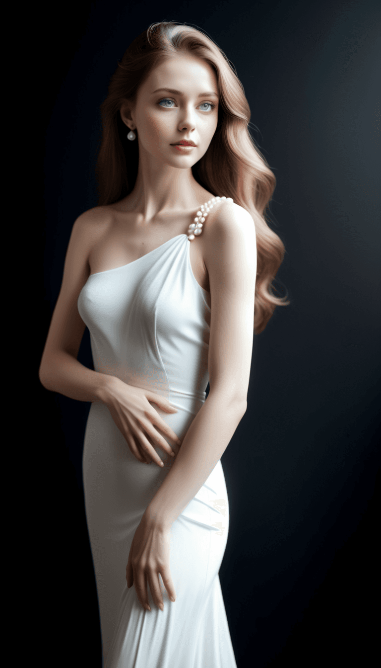 AI generated: A photograph captures a moment of sophistication and poise. A woman stands from the side view, her l...