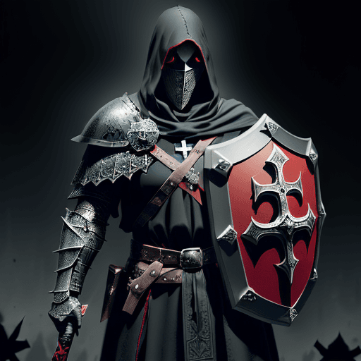 AI generated:  man cleric-necromancer from the Middle Ages, with face covered by shade of dark-red hood, in scaled...