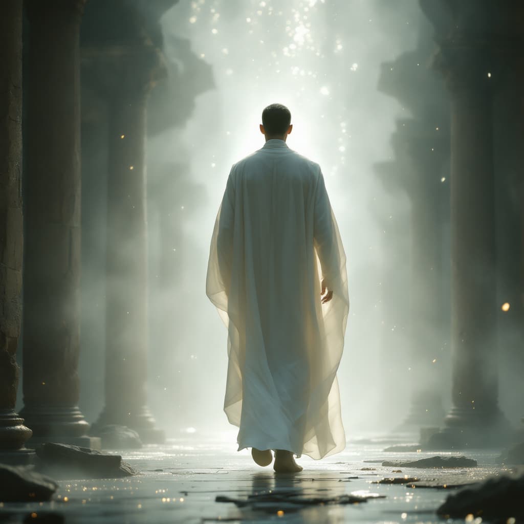 AI generated: A fine art, hyper-realistic, cinematic image of a man wearing a white long robe with his back to me ...