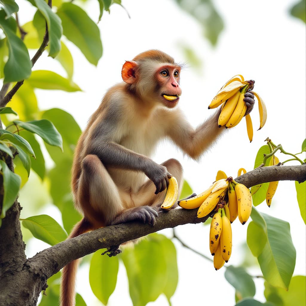 AI generated: a monkey on top of a tree with a bunch of bananas on one hand while eating a peeled banana on the ot...