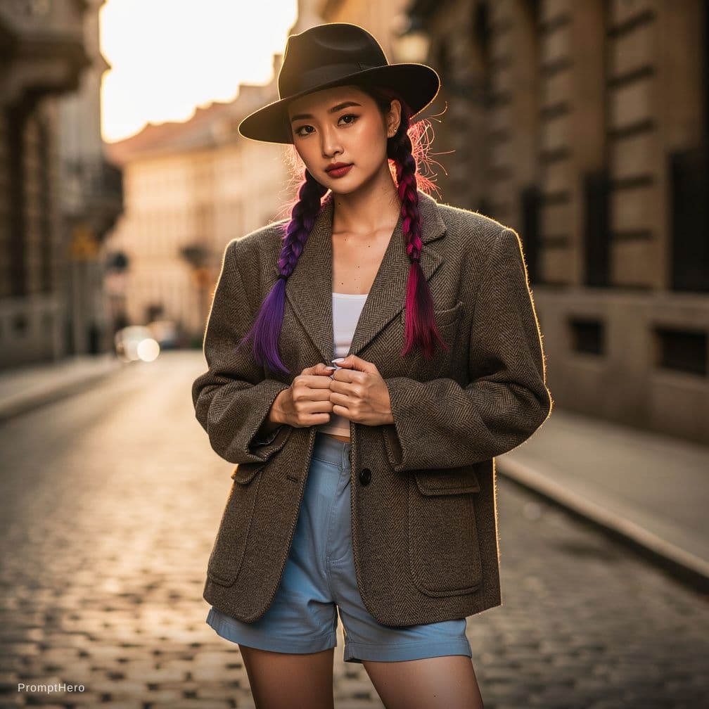 AI generated: Young Asian slim woman with two braids — one purple, one dark pink — wearing a black men's vintage h...