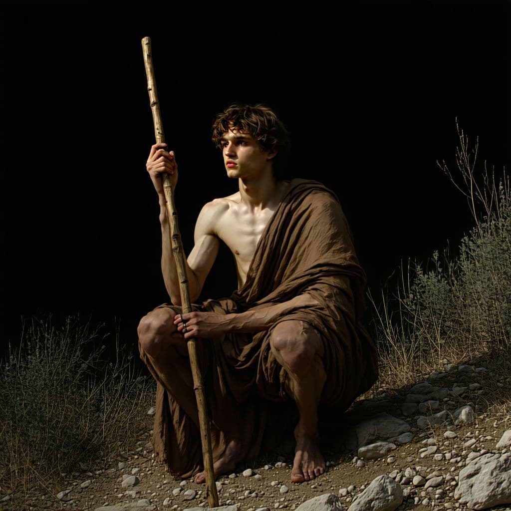 AI generated: A dramatic Baroque painting in the style of Caravaggio, depicting a youthful John the Baptist seated...