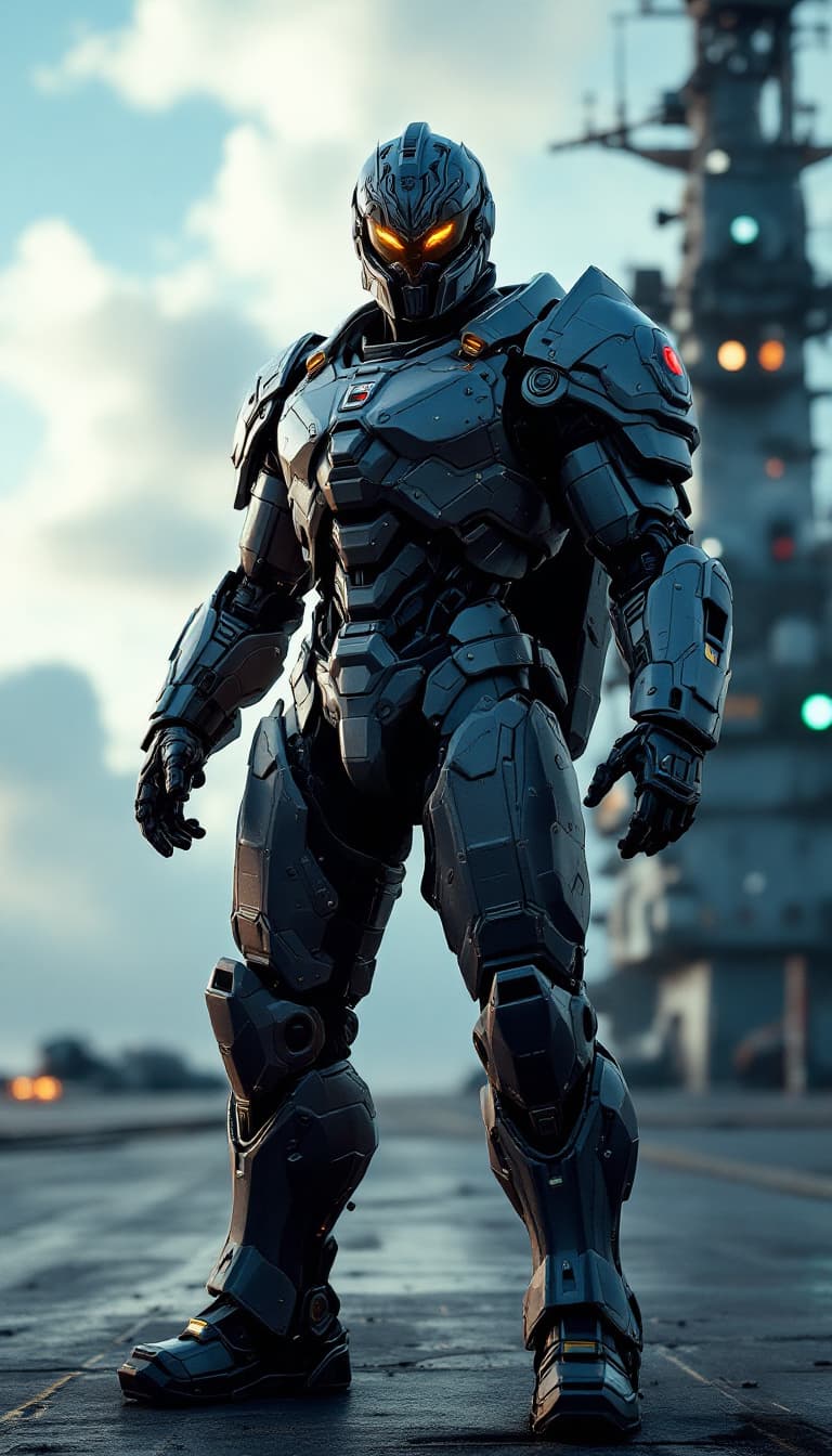 AI generated: HD 4K 3D render of a hyper-realistic male mech pilot, wearing an intricate knight helmet, standing c...