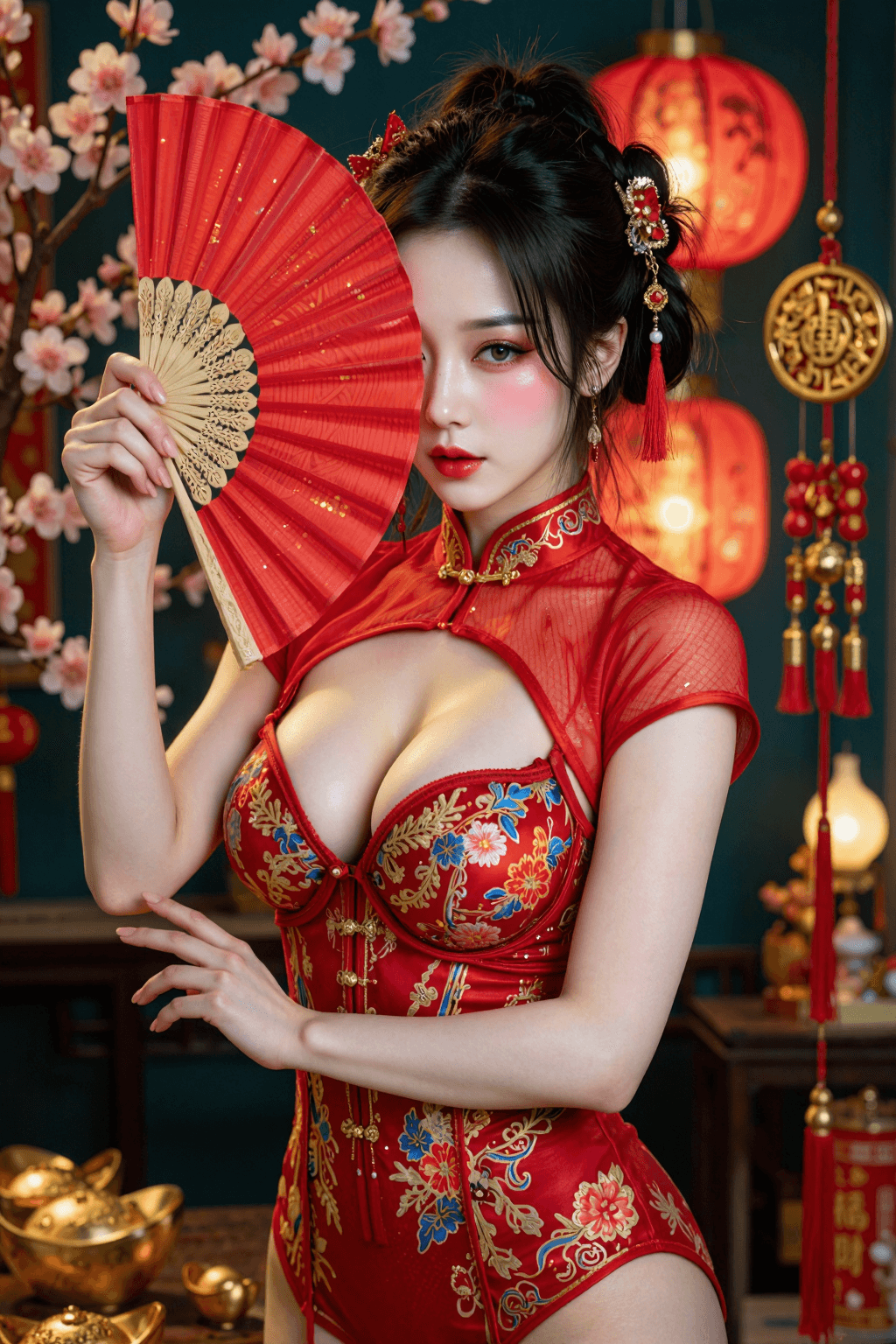 AI generated: A highly detailed, photorealistic, cinematic medium shot of a beautiful young East Asian woman holdi...