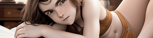 AI generated:  emma watson sitting on a bed, girl with dark brown hair, beautiful midriff, teenage girl, moon ryas...