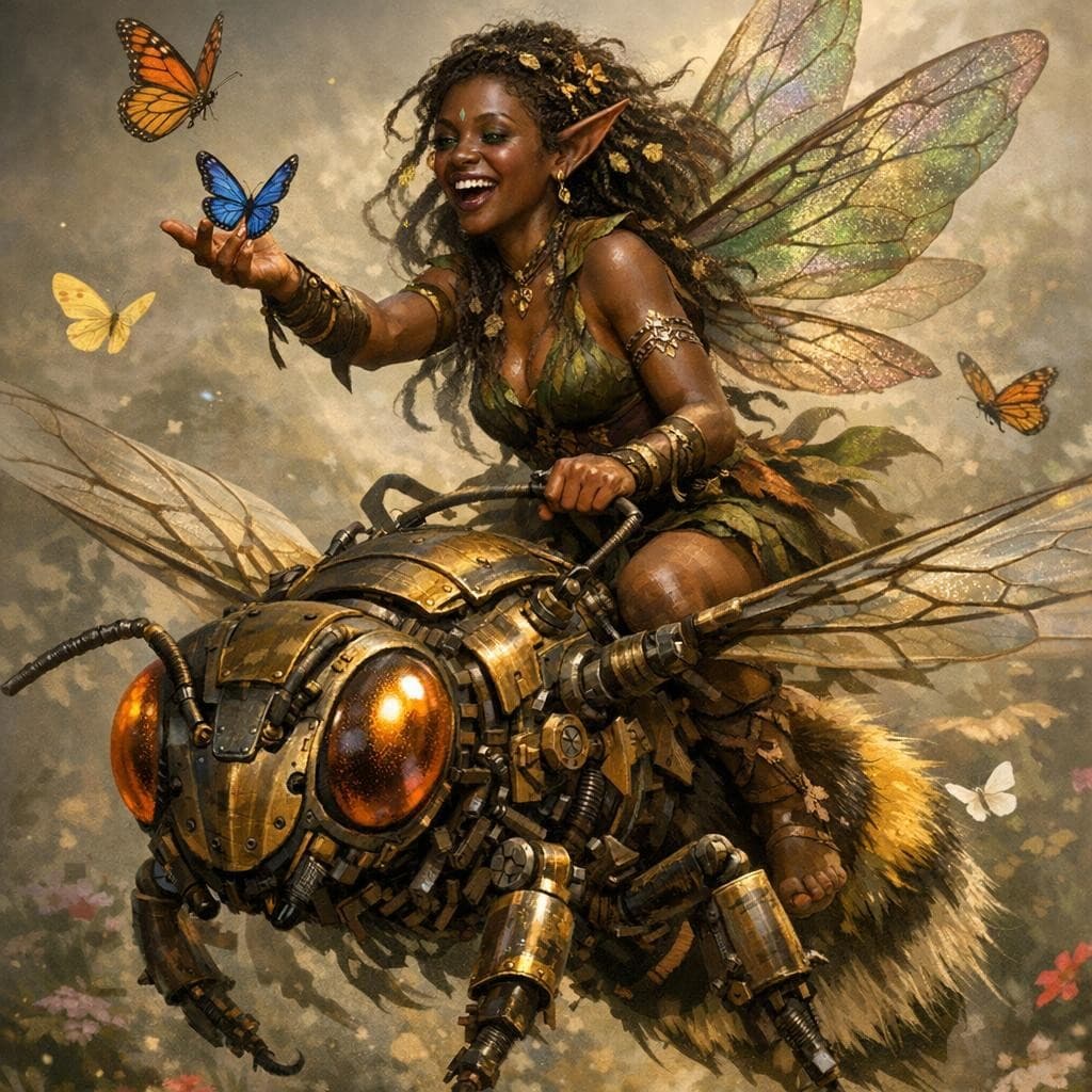 AI generated: Fantasy realism image of a dark-brown-skinned faerie playing with butterflies and riding a mechanica...