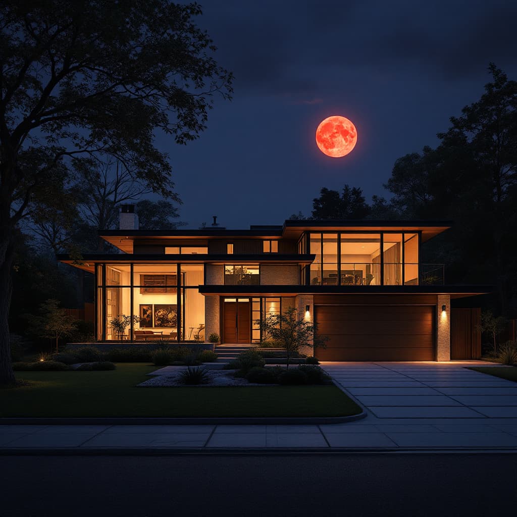 AI generated: Hyper realistic eye level exterior photo of a mid century style house night time, indirect lighting,...