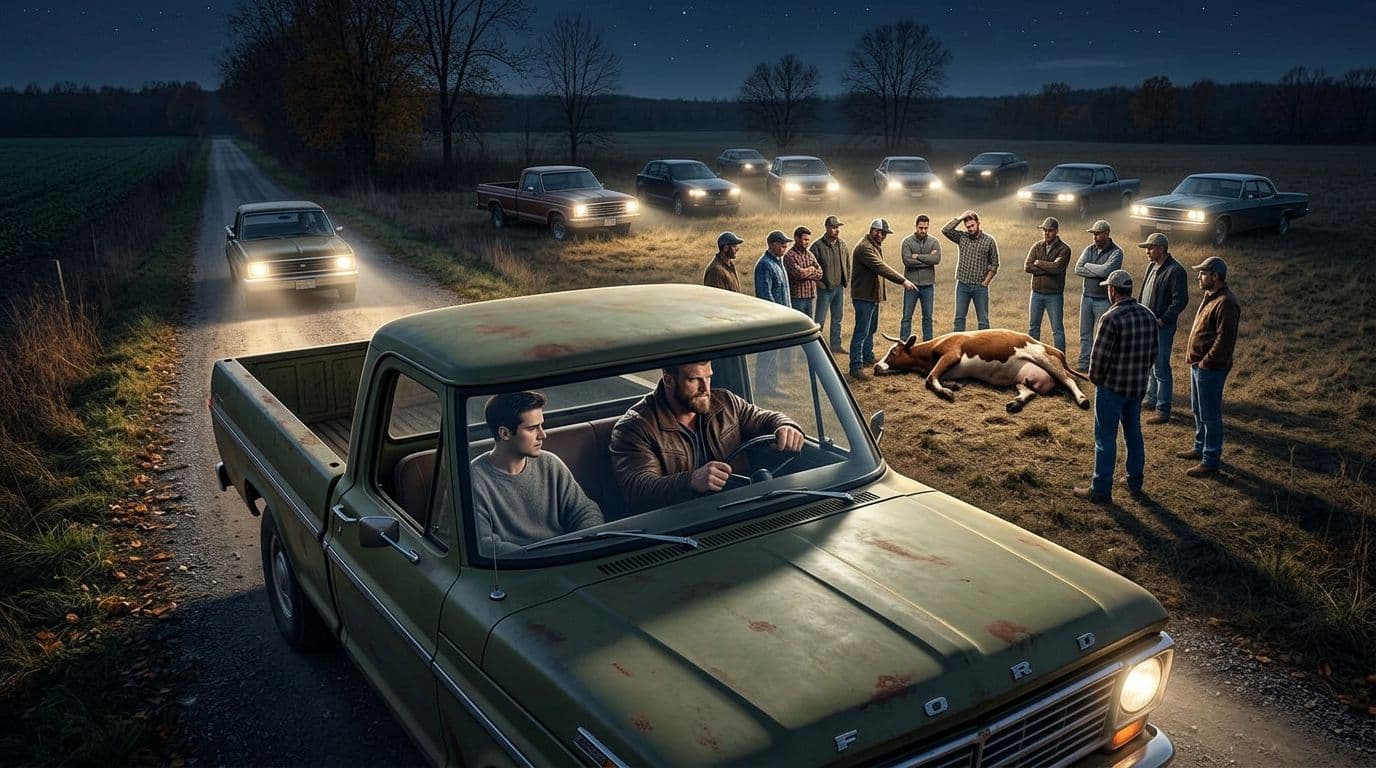 AI generated: In an Autumn night. the male muscular model is driving a vintage olive green Ford pick up truck. The...