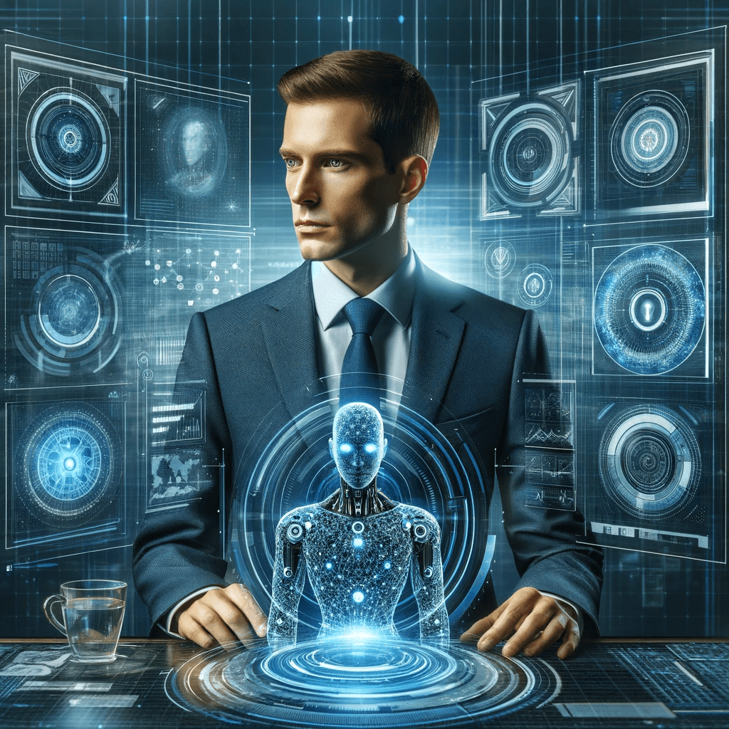 AI generated: Create a gaming image of a professional and modern IT environment with a man resembling an AI-genera...