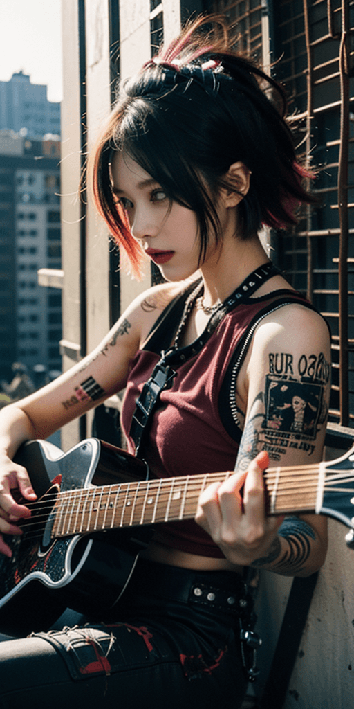 AI generated: bob cut,1girl, ((guitar:1)),Aesthetic: ((ruin punk, full and intense color, subculture):1.4) 
BREAK...
