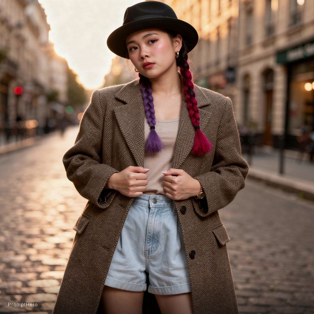 AI generated: Using the uploaded image as reference, create a young Asian slim woman with two braids — one purple,...