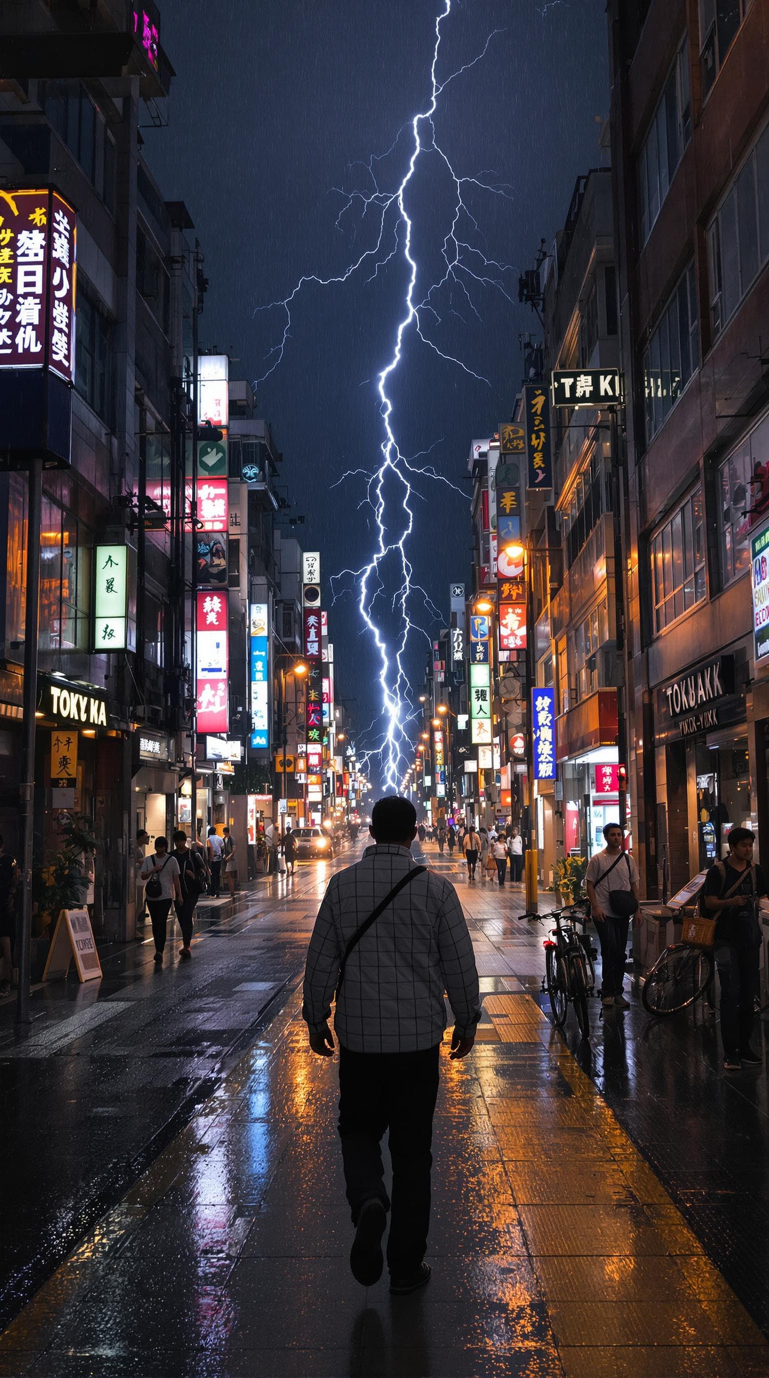 AI generated: A man walks on a street in Tokyo at night in the rain where lightning is striking. Back shot. wet gr...